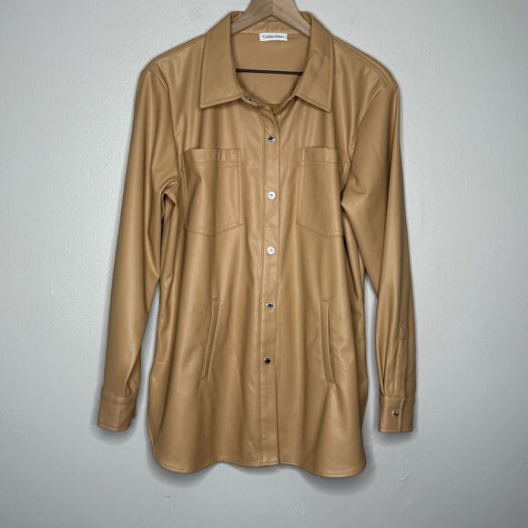 Calvin Klein Womens Faux Leather Jacket L/XL Camel Tan Cowgirl Western Minimal - Picture 1 of 11